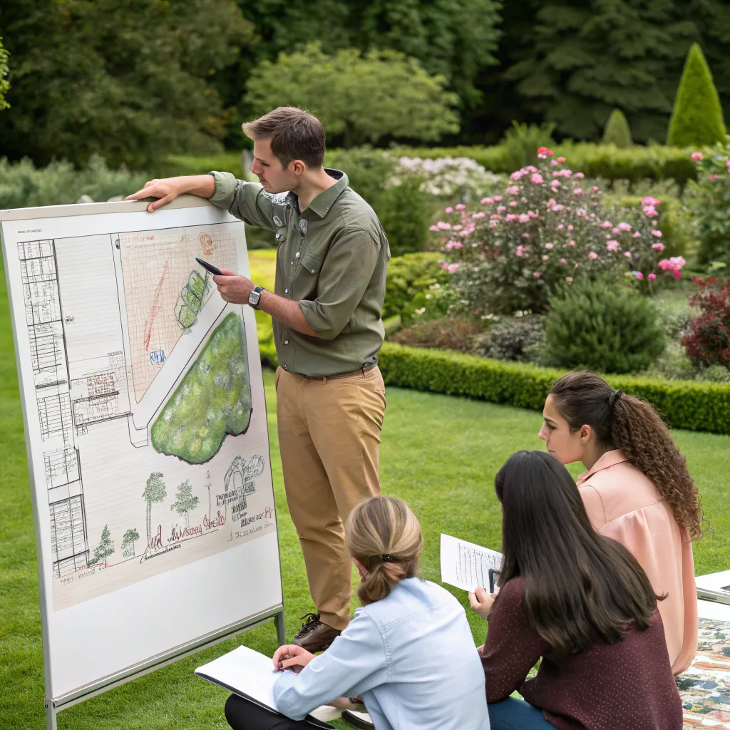 Instructor guiding students in landscape design course