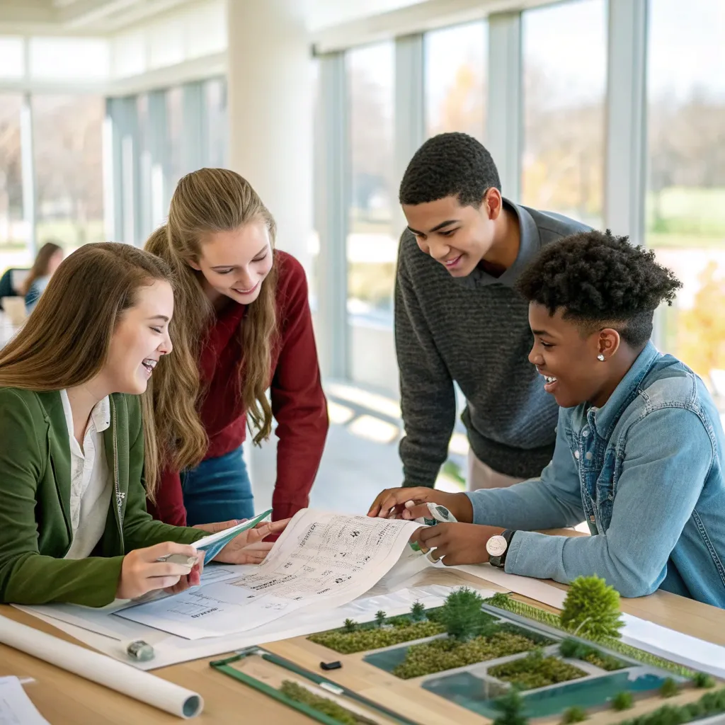 Students discussing landscape design plans